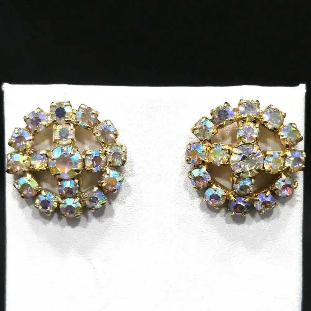 Vintage Aurora Borealis Rhinestone Screw Back Earrings,  Prong Set, 1950s